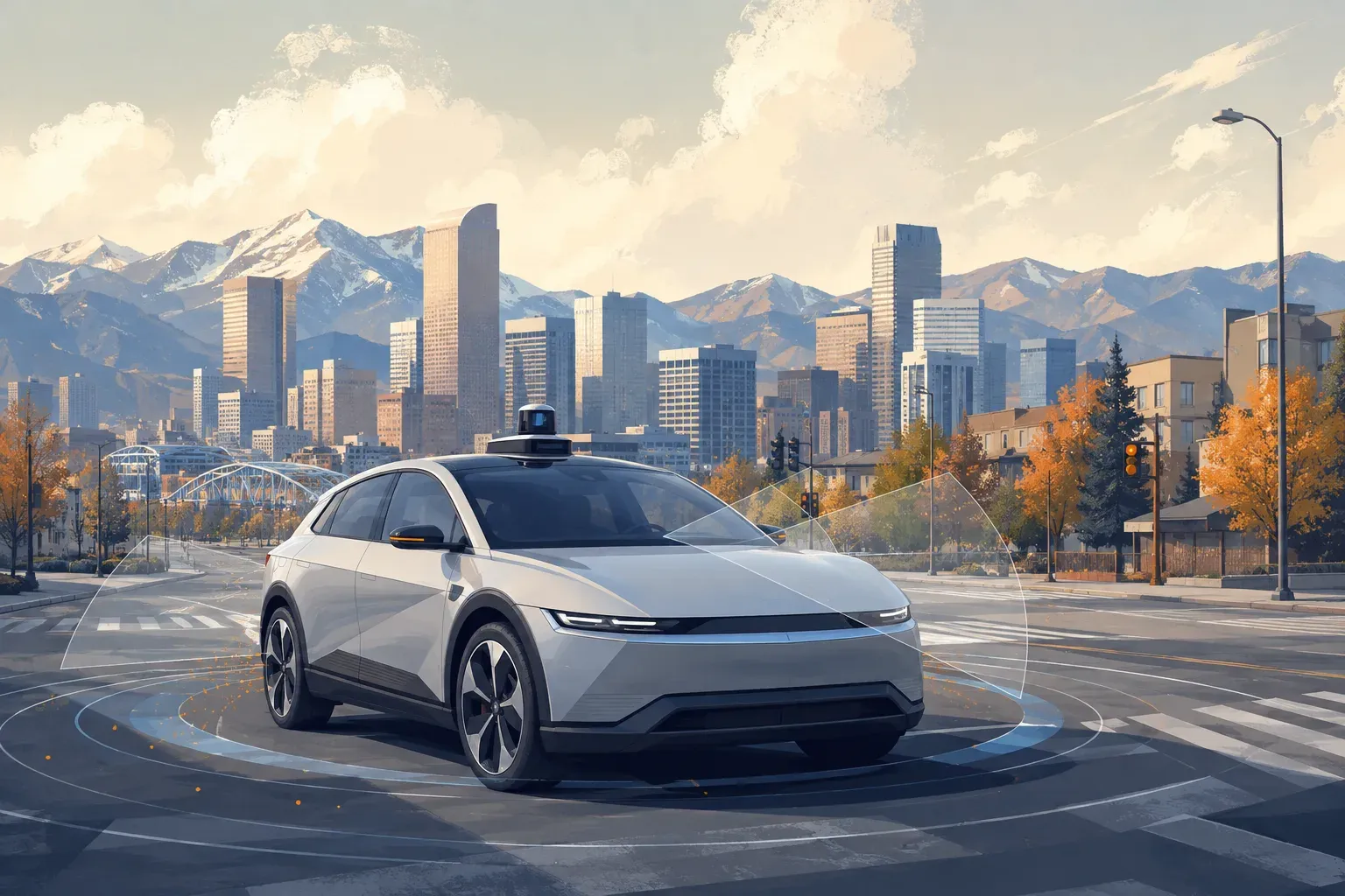 AI-generated illustration of a robotaxi with sensor arcs against a Denver-inspired skyline and mountains.